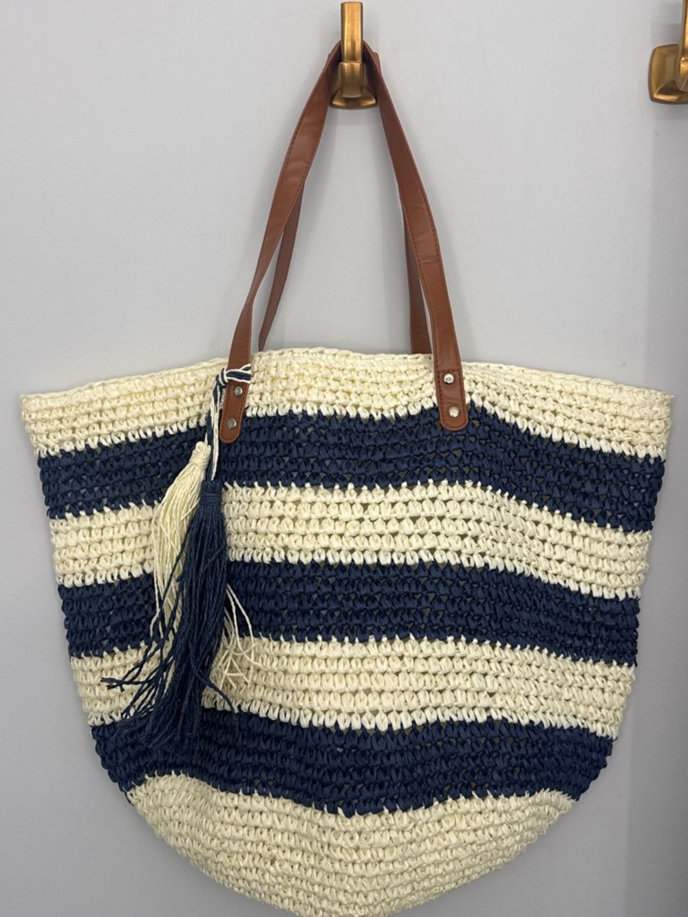 Molly Bracken Navy & Cream Striped Woven Tote with Brown Handles